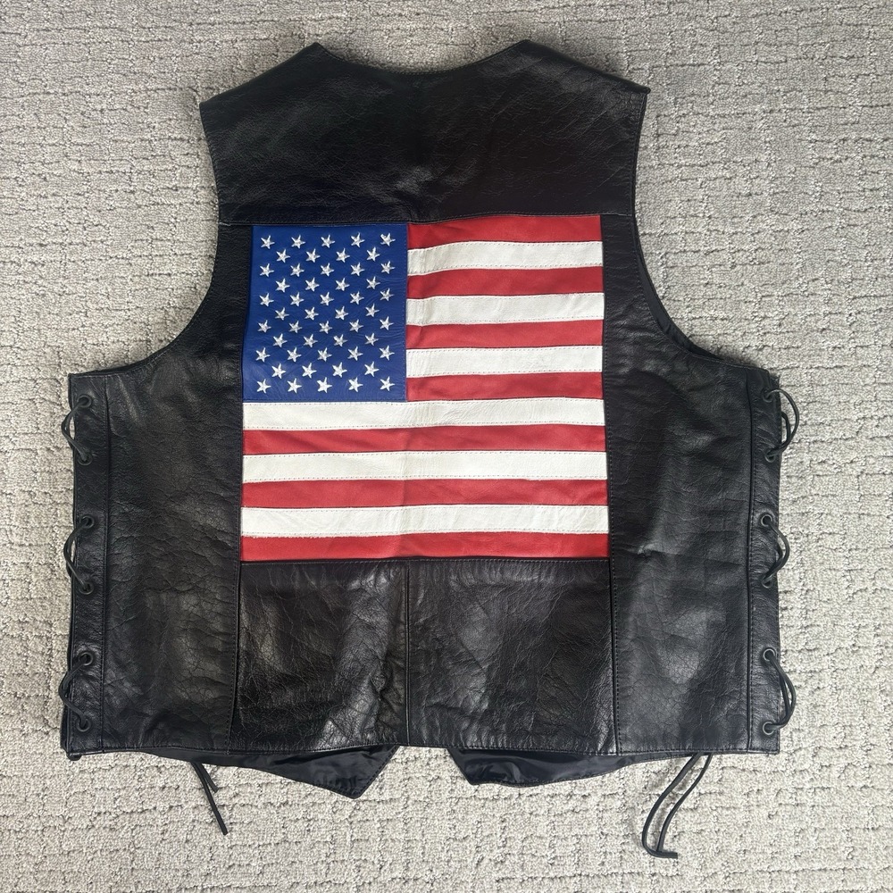 Allstate Leather Vest  Patriotic USA American Flag back Large Biker vest NWT